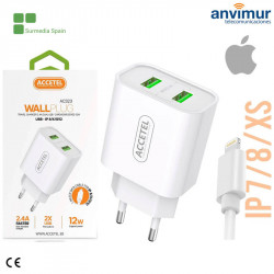 Adaptador 2 puertos USB 2.4A 12W + 1 Cable IP 7/8/X Blanco | AC323