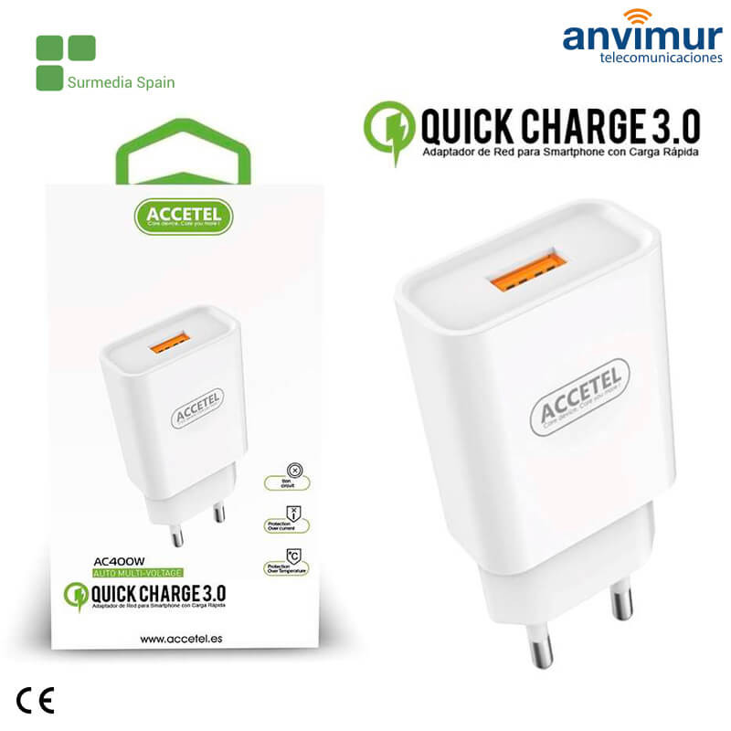 Adaptador USB Carga Rápida QC 3.0 18W Blanco | AC400W Anvimur Telecomunicaciones | 30 años