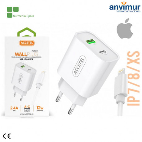 Adaptador 2 puertos Type-C + USB 2.4A 12W + Cable IP 7/8/X Blanco | AC523