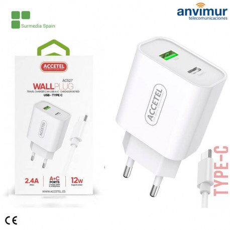 Adaptador 2 puertos Type-C + USB 2.4A 12W + Cable Type-C Blanco | AC527