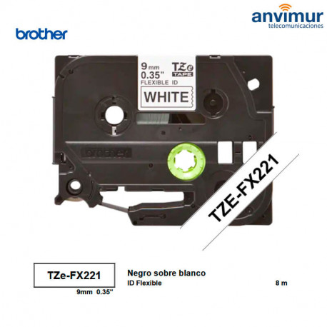TZEFX221, Flexible tape BLACK on WHITE text 9mm | 8M | Brother