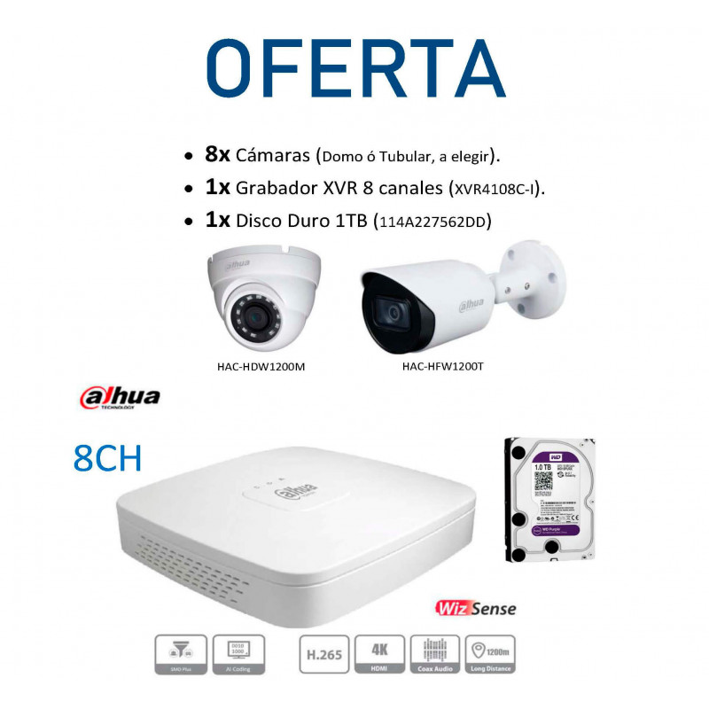 KIT VideoVigilancia 8x Cámaras + 1x XVR 8CH + 1x HDD 1TB, dahua