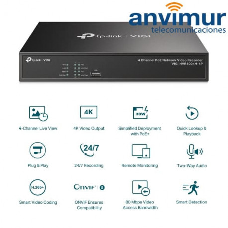 Videograbador IP TP-LINK VIGI NVR1004H-4P NVR VIGI PoE+ de 4 canales